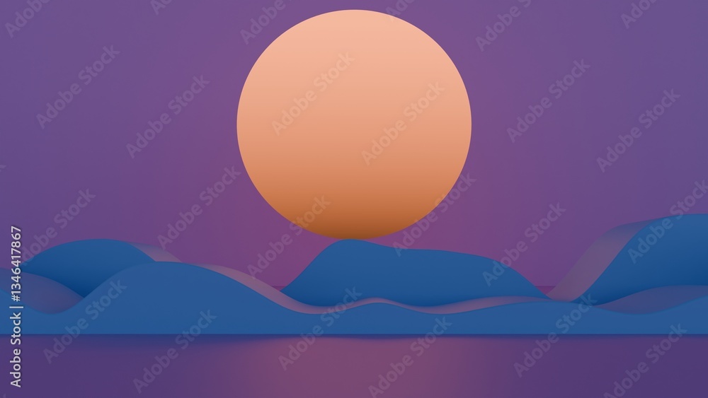 Poster minimal abstract scene with a large orange sun and rolling blue waves against a purple sky, creating