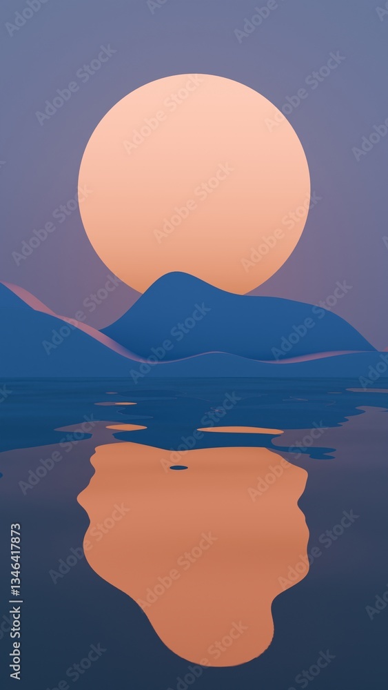 Aufkleber Minimal abstract scene with a large orange sun and rolling blue waves against a purple sky, creating a dreamy, surreal landscape with soft curves and serene tones........