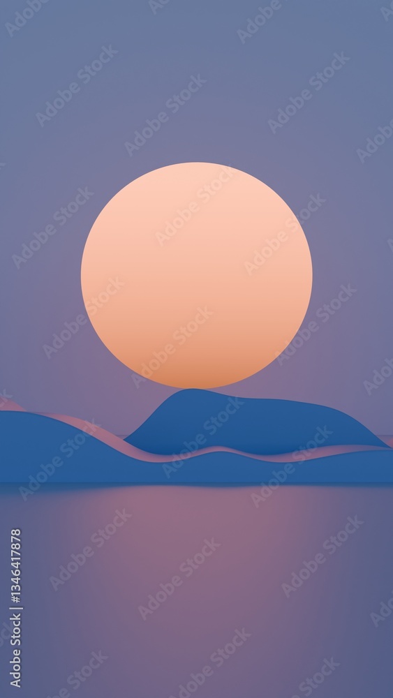 Aufkleber Minimal abstract scene with a large orange sun and rolling blue waves against a purple sky, creating a dreamy, surreal landscape with soft curves and serene tones........