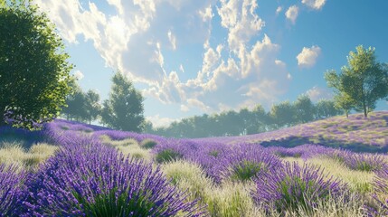 Obraz premium Beautiful Lavender Field Under Blue Sky with Fluffy Clouds