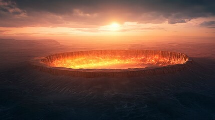 Fototapeta premium Ancient Impact Crater Reveals Glowing Geological Layers in Desert Landscape, Evoking Scientific Discovery
