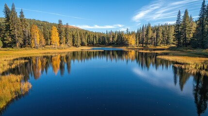 Tranquil Autumn Lake Reflected Trees and Clear Blue Sky Scene