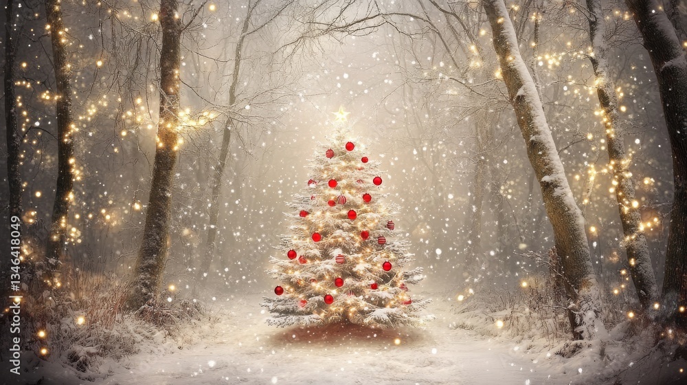 Poster a beautifully decorated christmas tree with glowing lights and red baubles stands in a snowy forest.