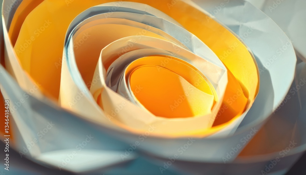 Poster spiral paper folds in golden and blue hues, abstract close-up with soft light and depth, perfect for background and design

