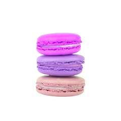 Three stacked colourful macaroons on white background