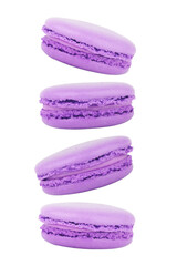 purple macaroons stacked on white background