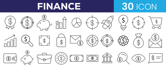 Collection of business finance line icon. investment money, banking, accounting, financial growth, savings, budget, profit, revenue icon vector