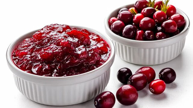 Cranberry sauce and fresh cranberries in white bowls.