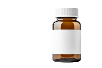 Brown glass bottle with white label and transparent background