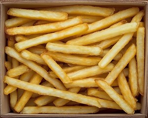 Close up image of golden french fries in a container