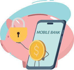 Financial security, secure access to mobile banking. Piggy bank, online bank, vector illustration