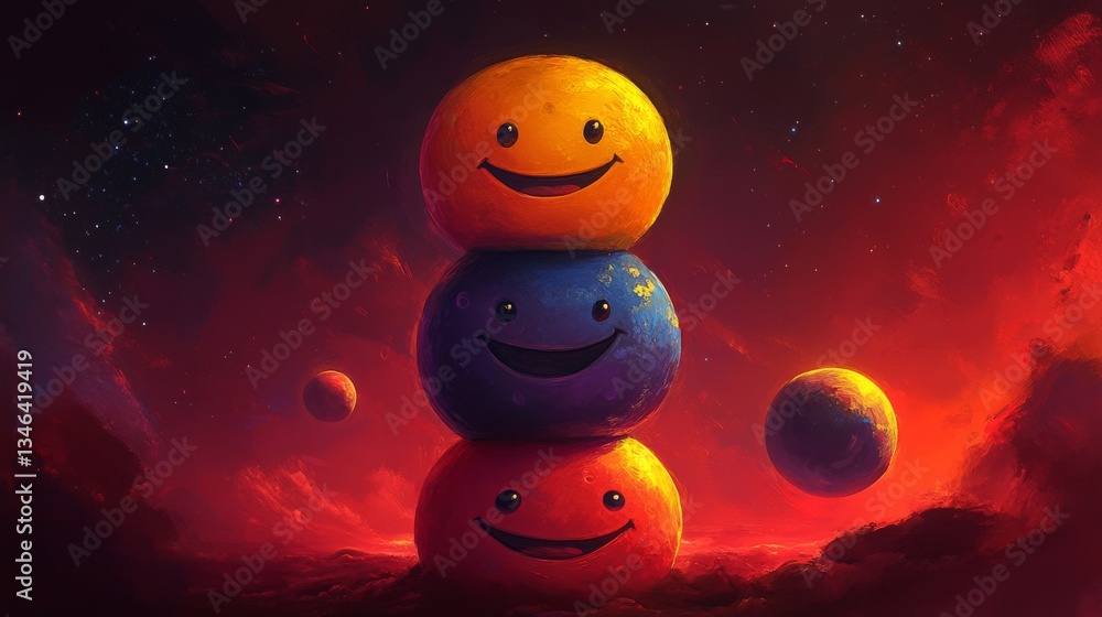 Poster a whimsical trio of colorful, smiling spherical objects arranged in a stack, glowing amid a rich cos