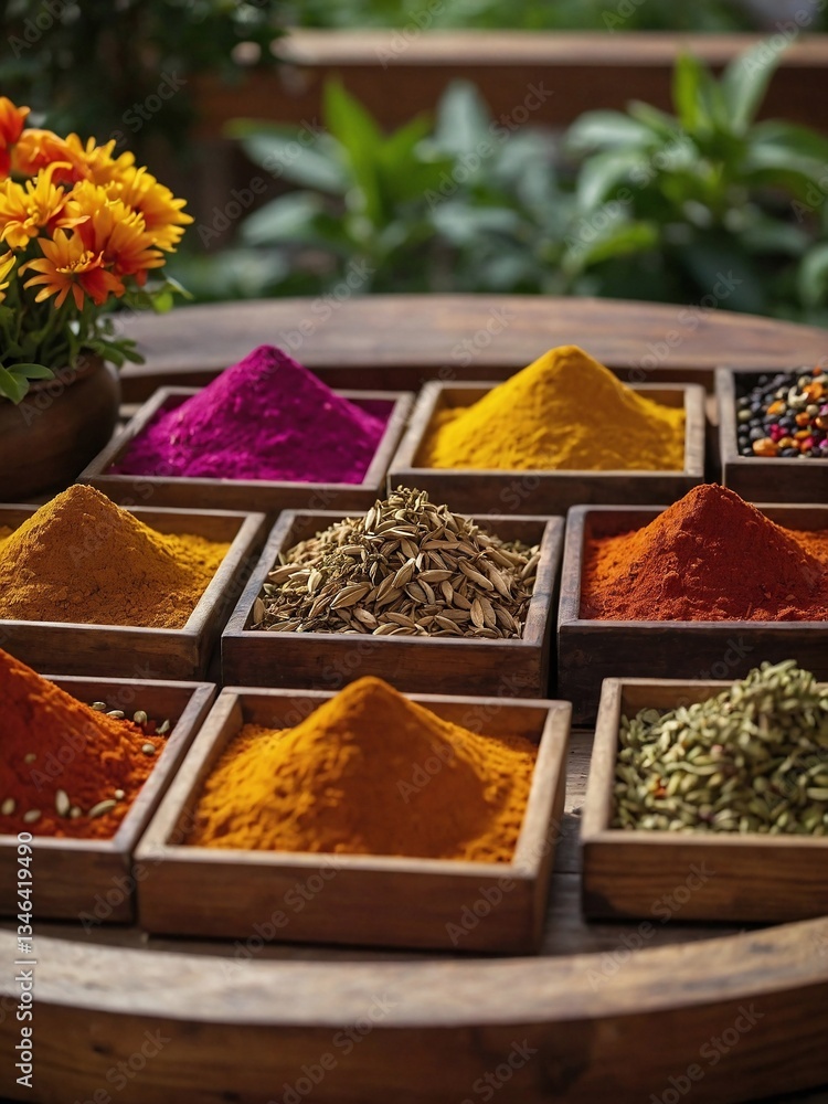 Poster colorful array of spices displayed on wooden trays in a vibrant garden setting