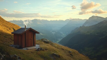 Cozy wooden cabin in serene mountain landscape during sunset