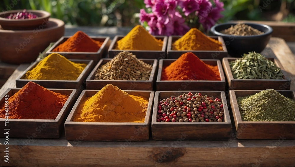 Poster colorful array of spices displayed on wooden trays in a vibrant garden setting
