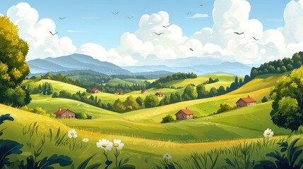 Fototapeta premium Tranquil Countryside Landscape with Green Fields and Blue Sky