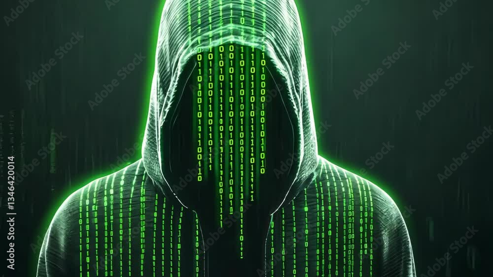 Poster hacker silhouette with green digital code on dark background