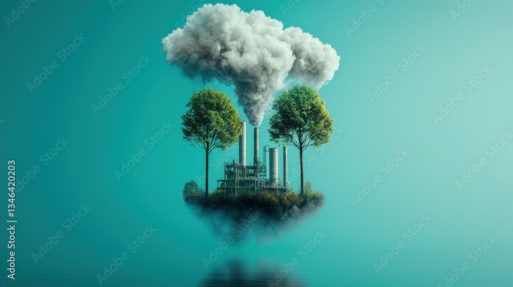 Poster a futuristic factory emitting clouds that transform into trees.