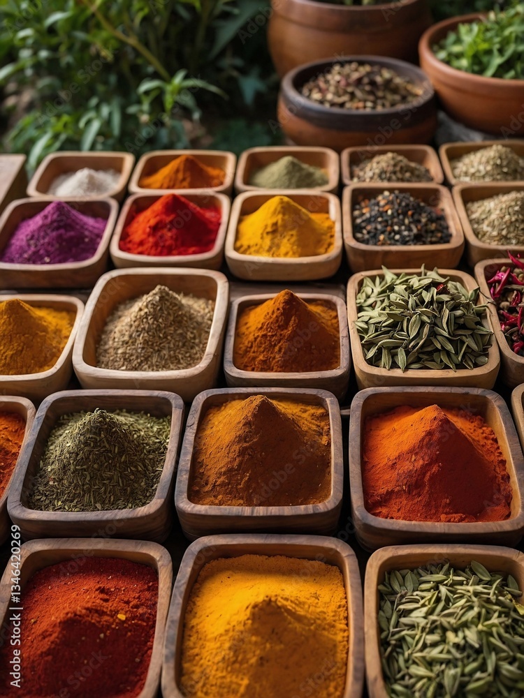 Poster colorful array of spices displayed on wooden trays in a vibrant garden setting