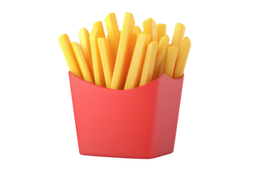 Golden French fries in red container with photorealistic detail for fast food advertising