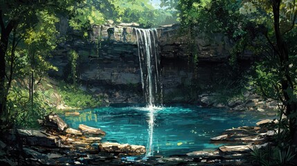 Naklejka premium Serene Waterfall Surrounded by Lush Greenery in a Tranquil Forest