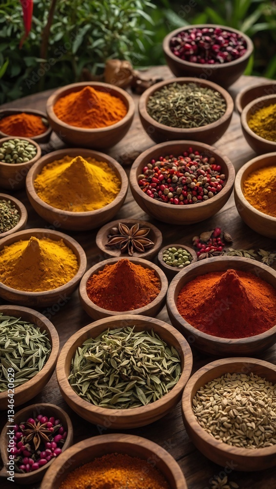 Poster colorful array of spices displayed on wooden trays in a vibrant garden setting
