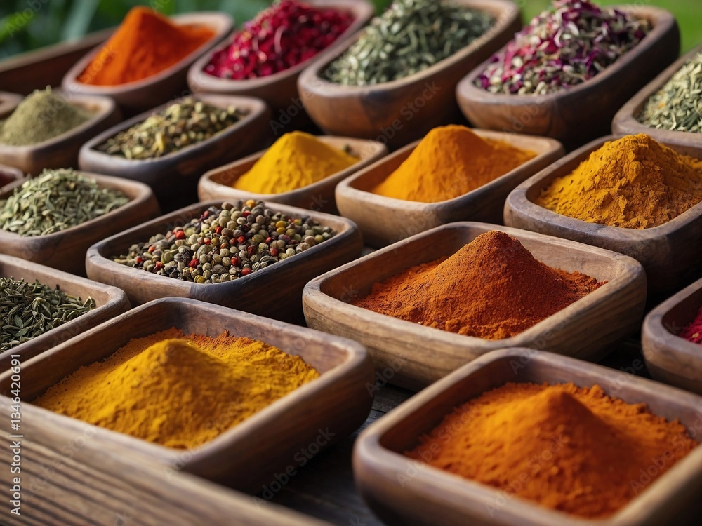 Poster colorful array of spices displayed on wooden trays in a vibrant garden setting