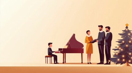 A group of relatives gathered around a piano, singing traditional songs during a festive gathering in a warmly lit room,