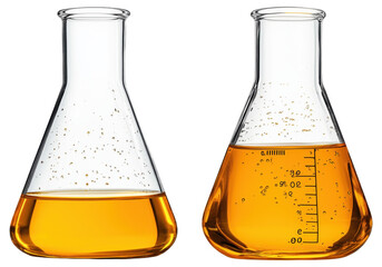 Two glass flasks with orange liquid and bubbles