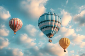 Obraz premium Hot Air Balloon Soaring Skyward with Yellow Balloons Trailing Behind. Cinematic Quality, Ultra-Realistic Scene of Cloudy Skies.