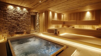Cozy Wooden Sauna Interior with Relaxing Hot Tub Feature
