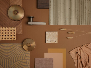 Warm-toned material mood board with brass details, wood textures, and natural fibers. Earthy color...