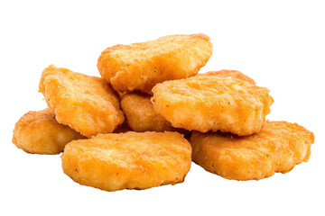 Crispy golden chicken nuggets on a transparent background with sharp focus and textured coating