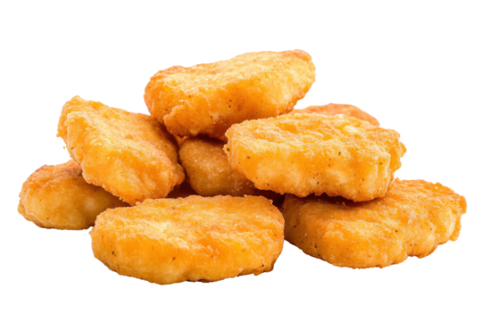 Crispy golden chicken nuggets on a transparent background with sharp focus and textured coating