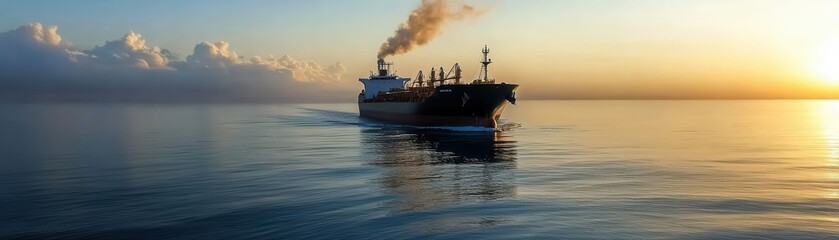 Fototapeta premium A sweeping aerial shot of an oil tanker gliding into the harbor at sunset, showcasing maritime industry and tranquility.