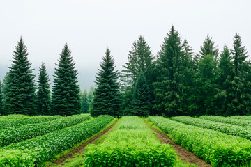 Rows of vibrant crops stretch across the farm as tall evergreen trees stand majestically in the background, creating a serene atmosphere in a tranquil rural environment