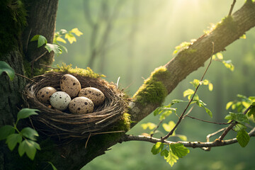 Birds nest with speckled eggs lodged in the branch of a tree in a forest setting.