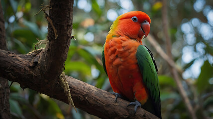 Fototapeta premium Colorful Parrot Perched on Tree Branch in Lush Green Forest