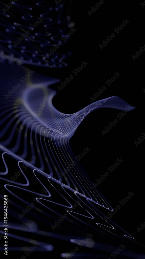 Poster glowing wave-like lines curve across a black background, forming a fluid, abstract design with a sle