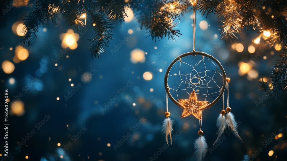 Poster Captivating image of a dreamcatcher with a luminous star centerpiece, surrounded by soft golden bokeh lights, hanging amidst enchanting forest foliage.. AI Generation