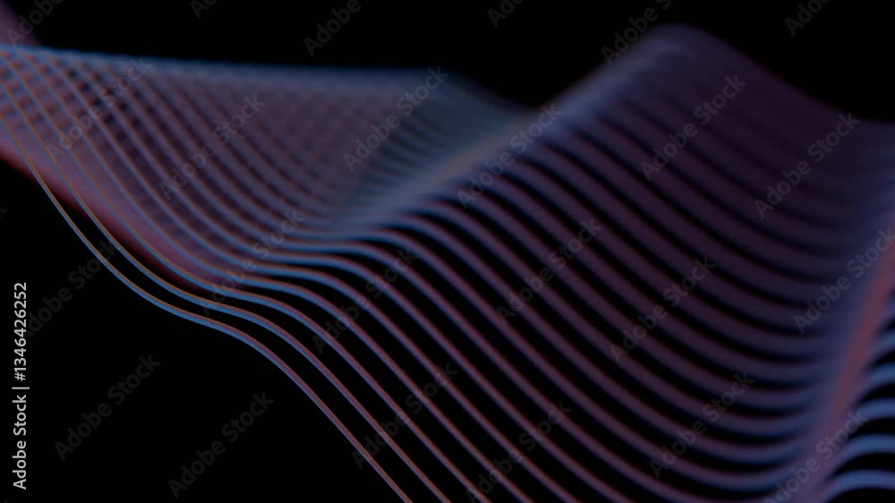 Poster Glowing wave lines in subtle pink and blue gradients on a black background, forming a smooth and modern abstract design with fluid motion and minimalistic geometry.