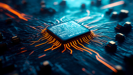 futuristic high-tech chip circuit boards, intelligent equipment electronic components, future digital technology electronic devices. Glowing cpu chip. Generative Ai