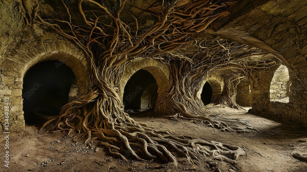 Poster enchanted forest with twisted roots in ancient stone structure