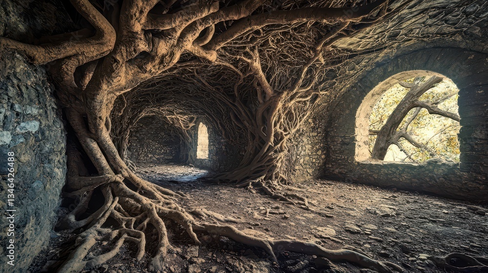 Poster enchanted forest with intricate roots in abandoned stone structure