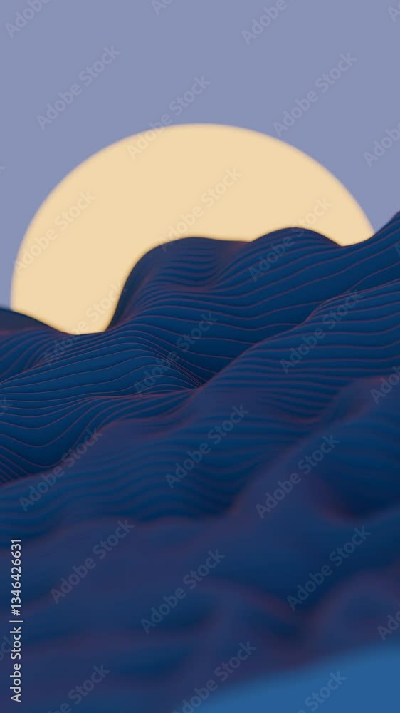 Aufkleber navy blue waves layered in the foreground with a large circular shape on a purple background, creati