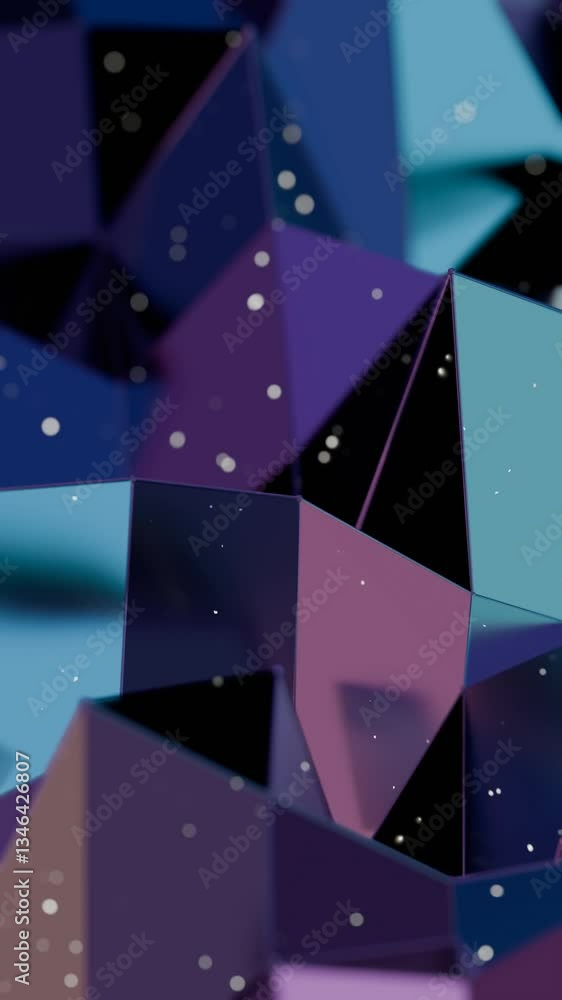 Poster vibrant polygonal shapes in purple and teal with scattered white particles, creating a modern 3d abs