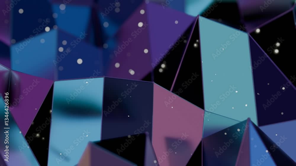 Poster Vibrant polygonal shapes in purple and teal with scattered white particles, creating a modern 3D abstract design that fuses geometric facets and luminous surfaces.