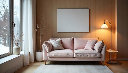 Fototapeta premium A modern interior living room with a pale pink sofa