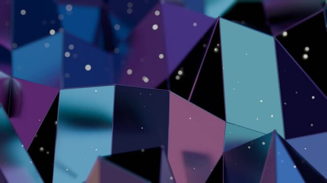 Vibrant polygonal shapes in purple and teal with scattered white particles, creating a modern 3D abstract design that fuses geometric facets and luminous surfaces.