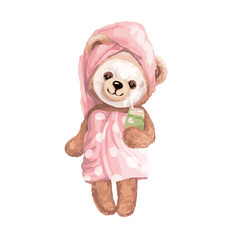 Cute bear doll with pink dots towel. Girly  bear with mask on face vector illustration. Happy teddy bear with green smoothie in hand.